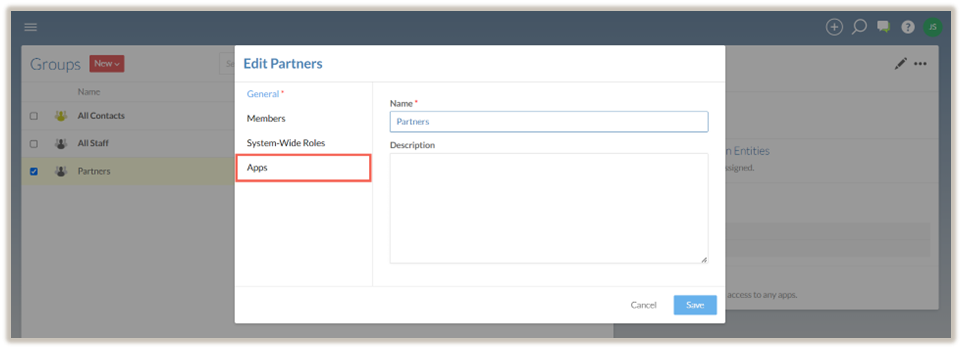 Select the Apps page menu.